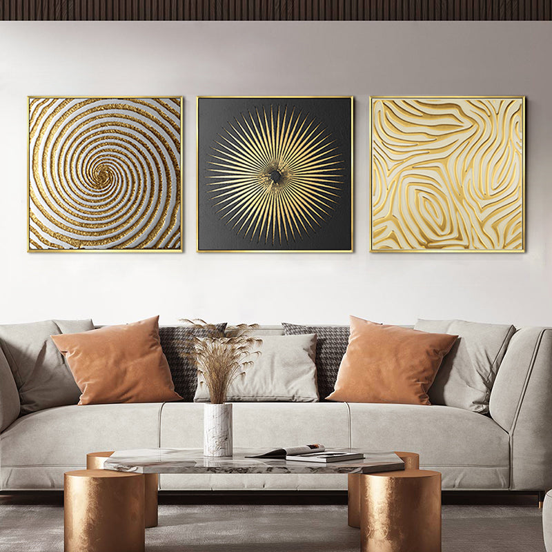 3 Pieces Glam Square Wall Decor Set Canvas Abstract Art with Frame in Gold & Black