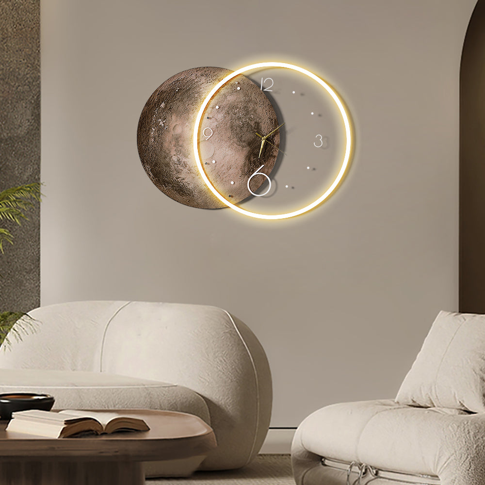 Round Modern Cool Brown Moon Large Wall Clock LED Light Wall Clock Wall Decoration