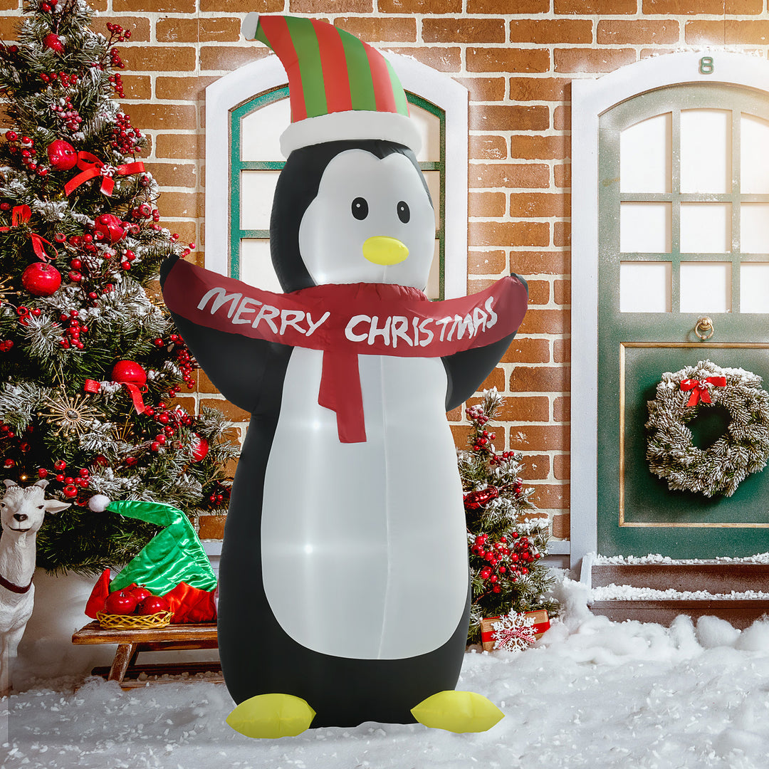 243cm Inflatable Penguin Holding Merry Christmas Banner Holiday Yard Decoration with LED Lights