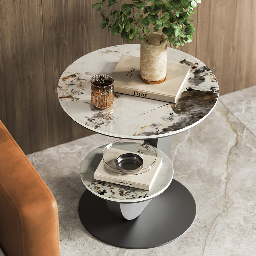 Homary Sintered Stone Side Table 2 Tier Round End Table Modern Simplicity Living Room