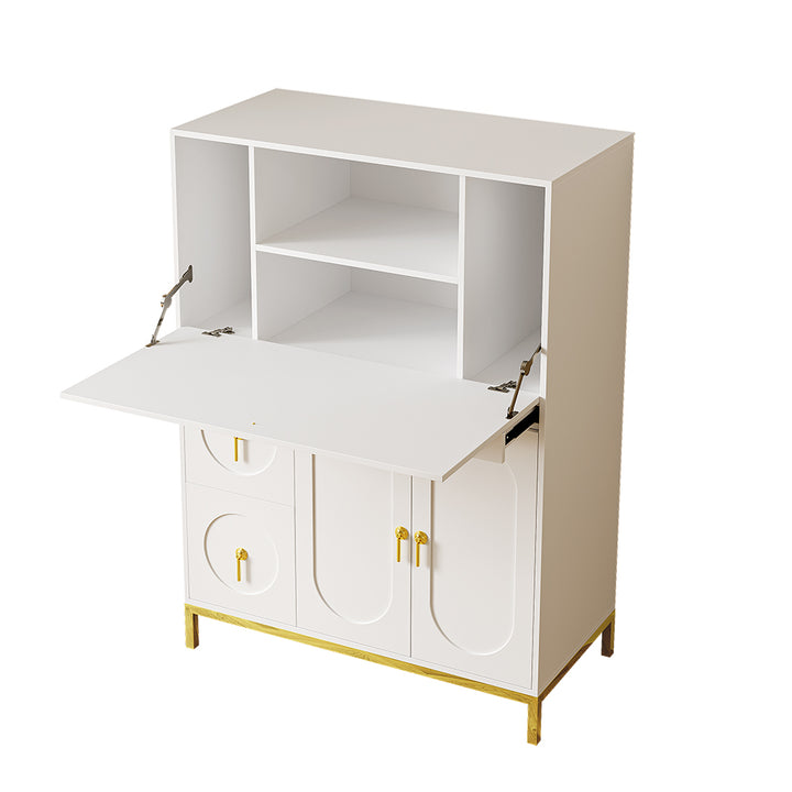 1000mm Modern White & Gold Secretary Desk with 3 Drawers and 3 Doors Flip Design