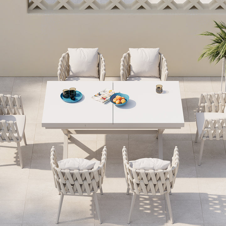 7 Pieces Aluminum Outdoor Dining Set with Extendable Marble Top Table and Woven Armchair