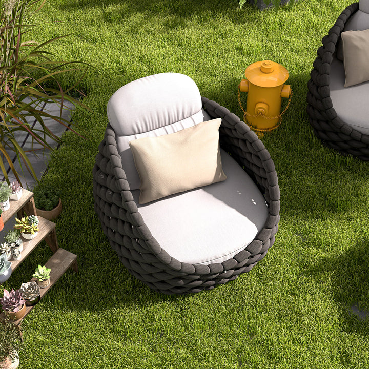 Tatta Modern Outdoor Swivel Chair 360 Rotatable Gray & Black Woven Rope Armchair Sofa