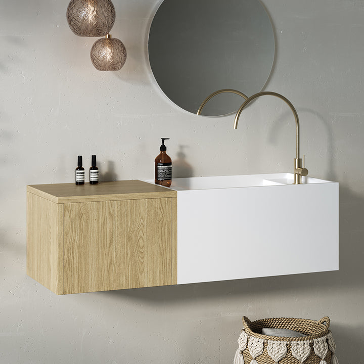 Floating Bathroom Vanity Wall-mounted Single Sink with Cabinet in Light Wood & White