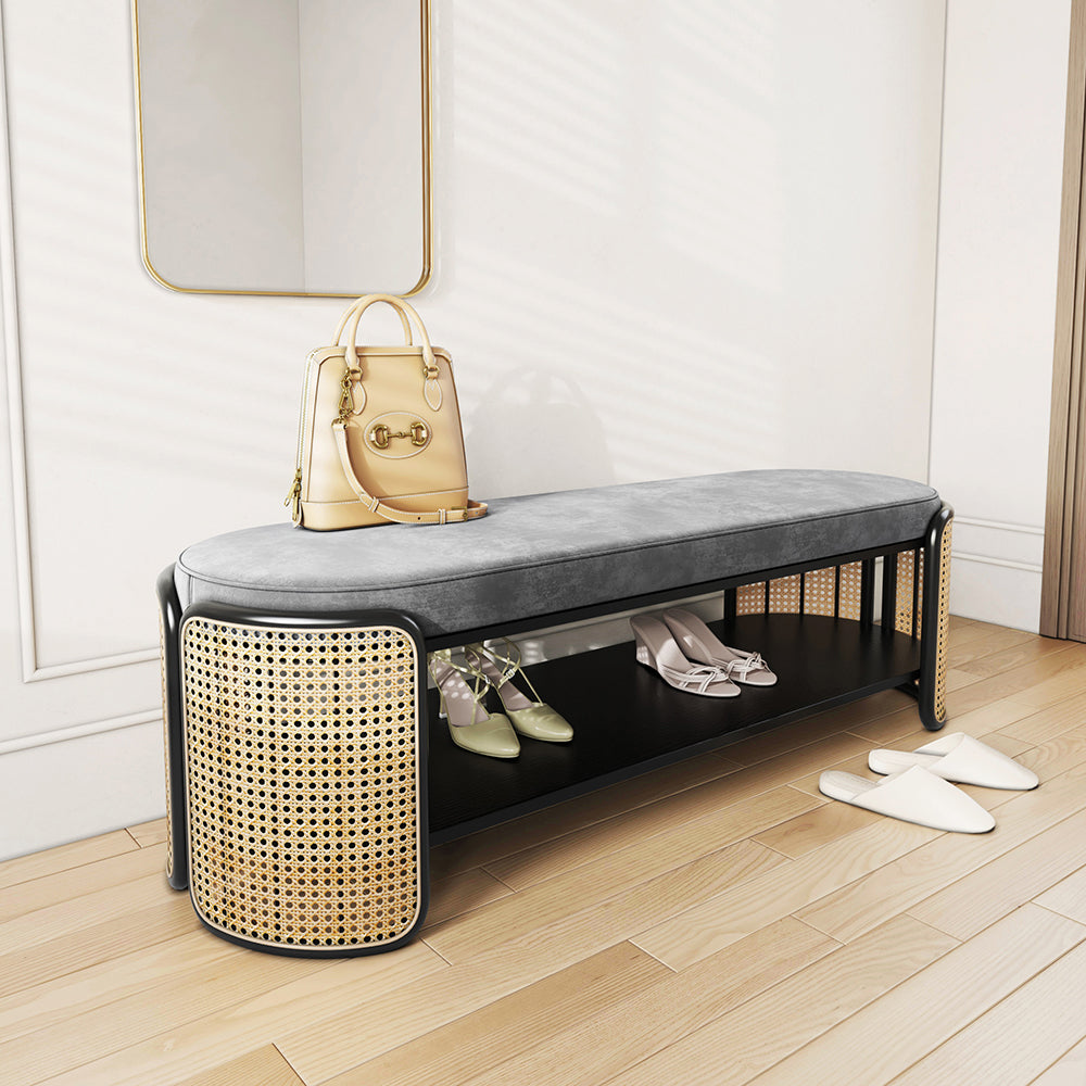 1247mm Rattan Bench Modern Grey & Natural Upholstered Entryway Bench with Shoe Storage