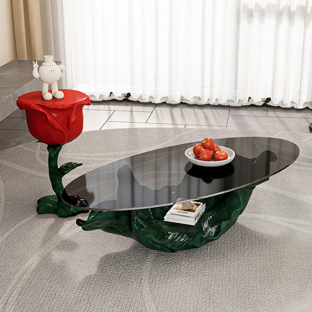 Modern Small End Table Red Resin Rose Sculpture Cute Pedestal Side Table with Tray