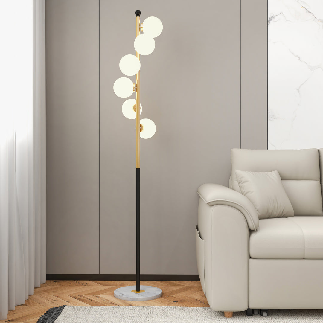 Modern White Globe Glass 6-Light Floor Lamp with Round Marble Base in Black and Gold