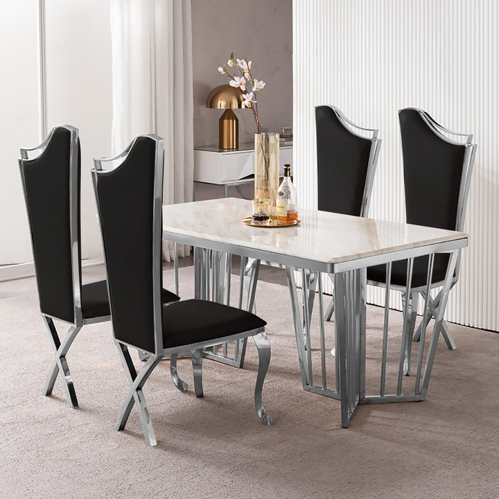 Modern Black Upholstered Dining Chairs Set of 2 High Back Side Chair Silver Legs