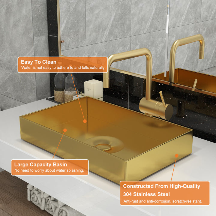 Contemporary Gold Rectangular Stainless Steel Countertop Basin Luxury Wash Basin