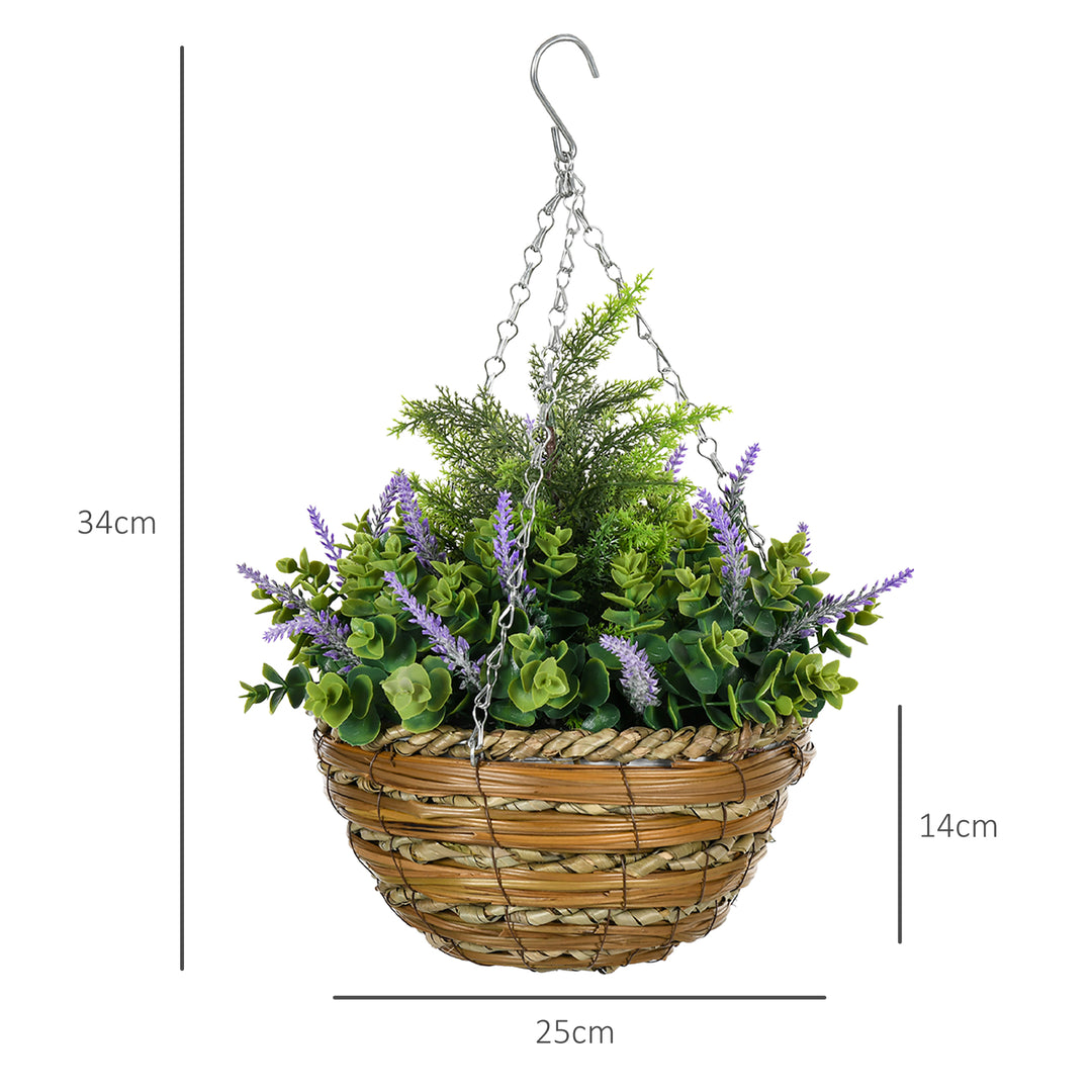 2 PCs Artificial Lisianthus Flower Hanging Planter with Basket for Indoor Outdoor Decoration