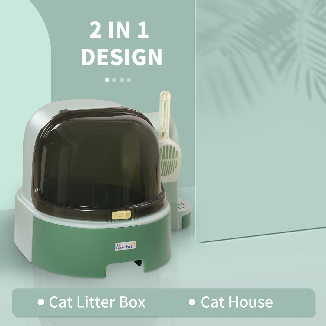 PP Cat Litter Box with Drawer Pans Scoop Openable Cover Green