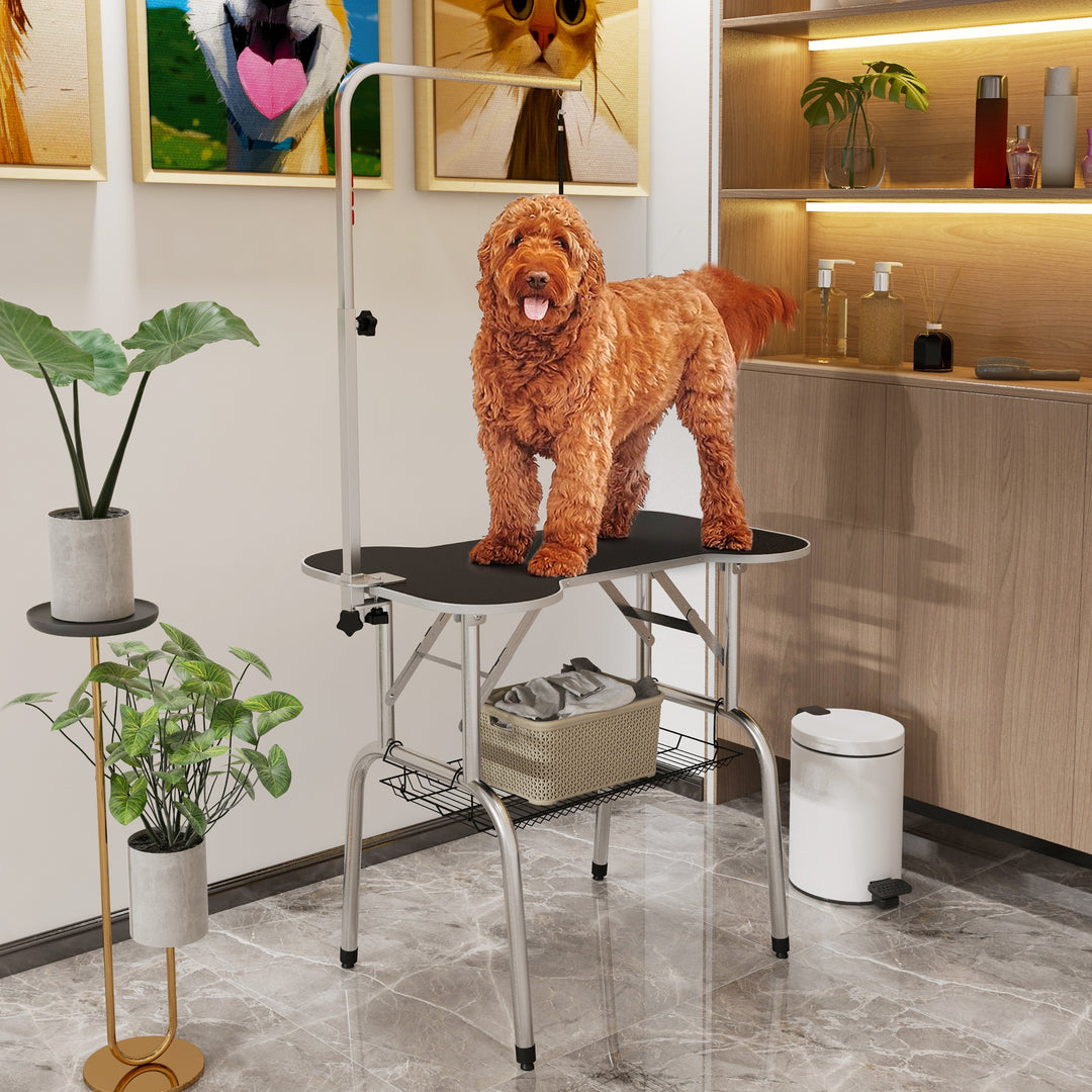 Foldable Pet Grooming Table Dog Drying Table w/ Adjustable Arm Non-Slip Rubber Tabletop Aluminium Alloy Edge Stainless Steel