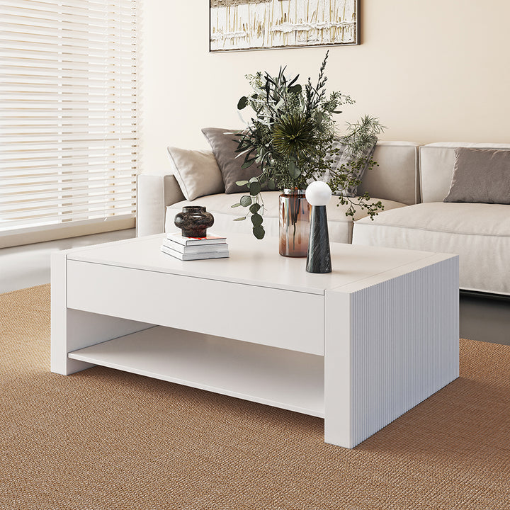 1580mm Modern White Extendable Gaming Coffee Table Fluted with Open Storage