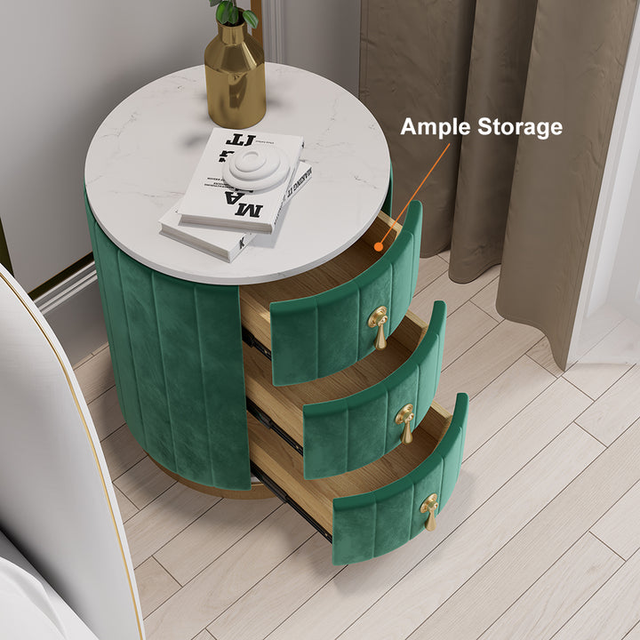 Modern Nightstand Green Round Nightstand with 3 Drawers Nightstand with Storage