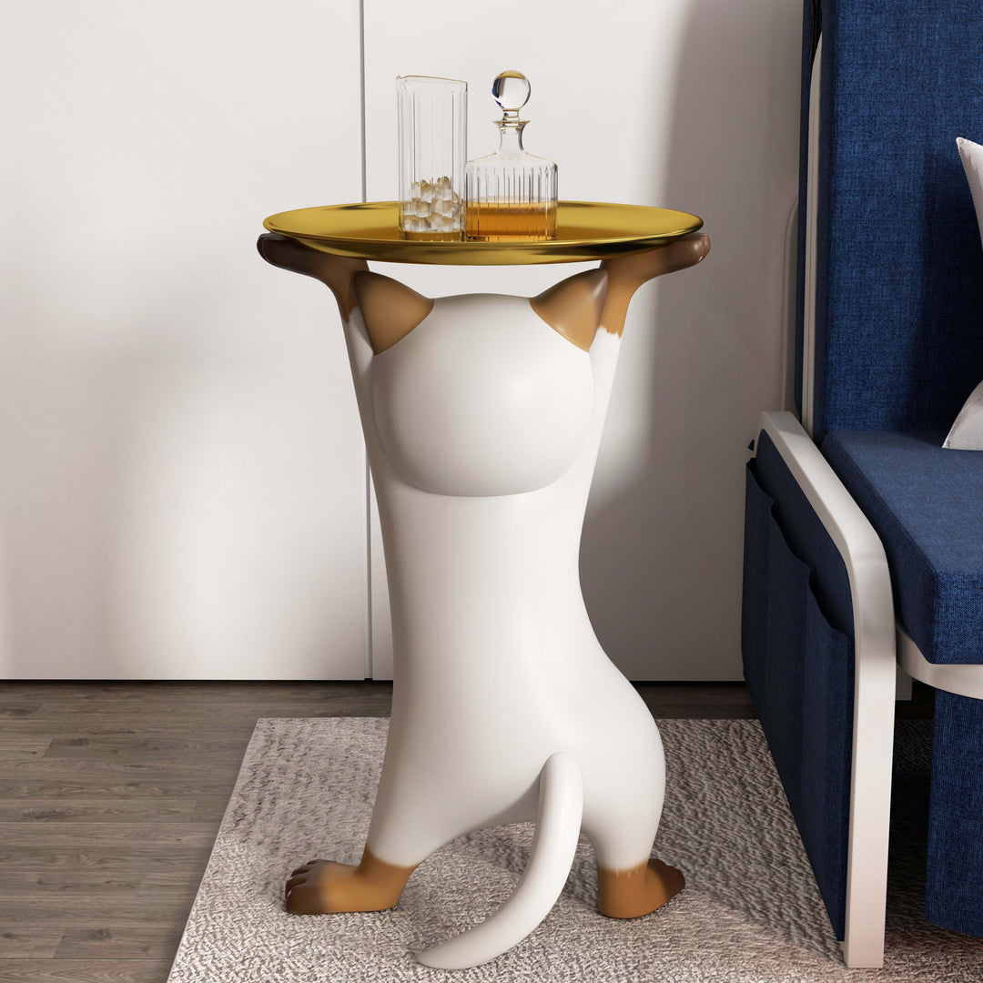 Modern Cat Side Table Floor Resin Figurine with Gold Tray End Table