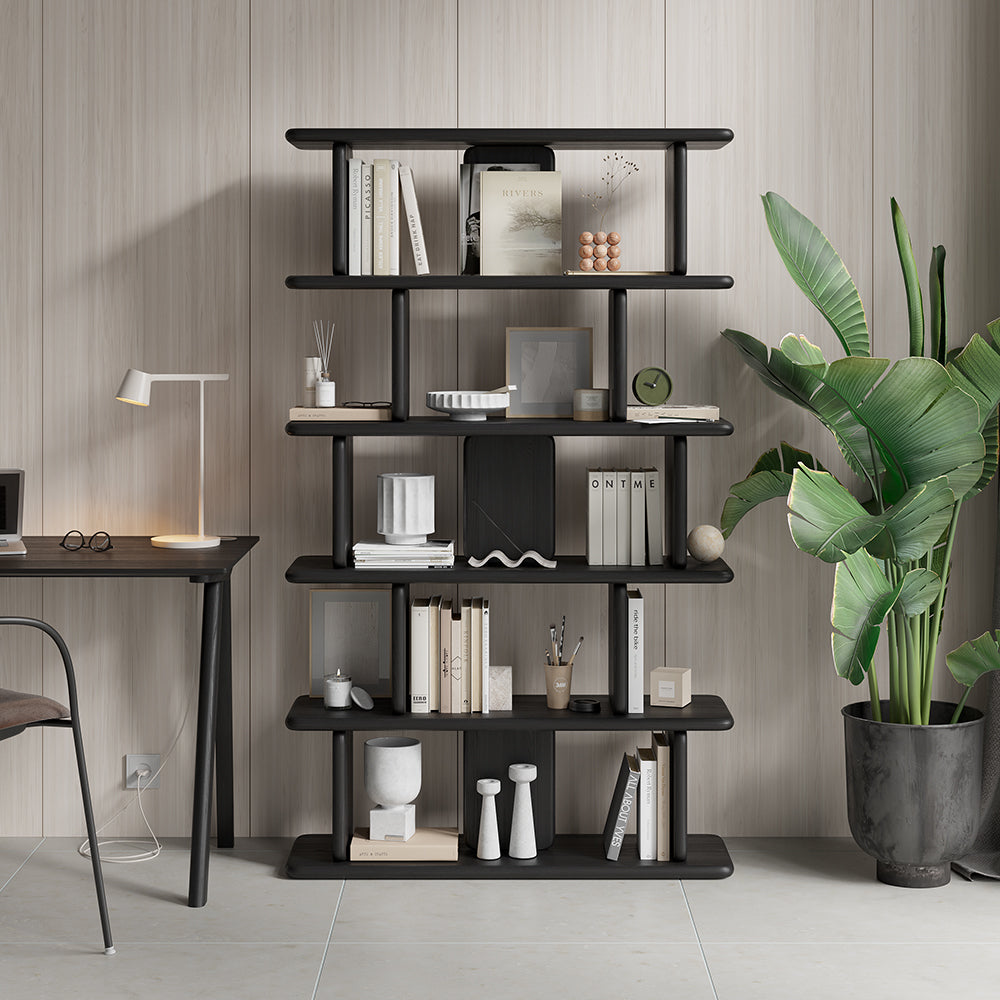 1700mm 5-Tier Black Wooden Bookshelf Japandi Etagere Geometric Bookcase Open Storage