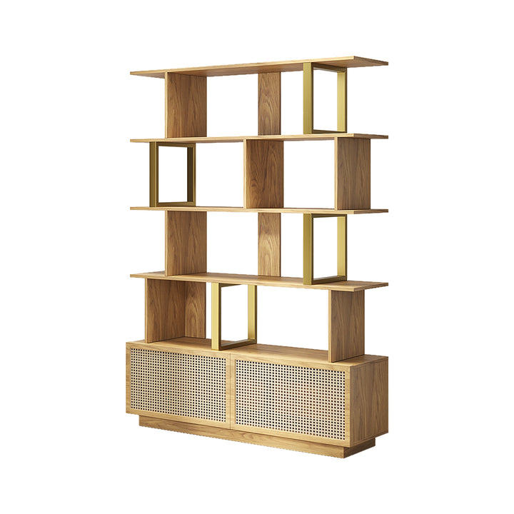 5-Tier Natural Wood Bookshelf with 2 Doors Modern Bookcase in Gold Finish