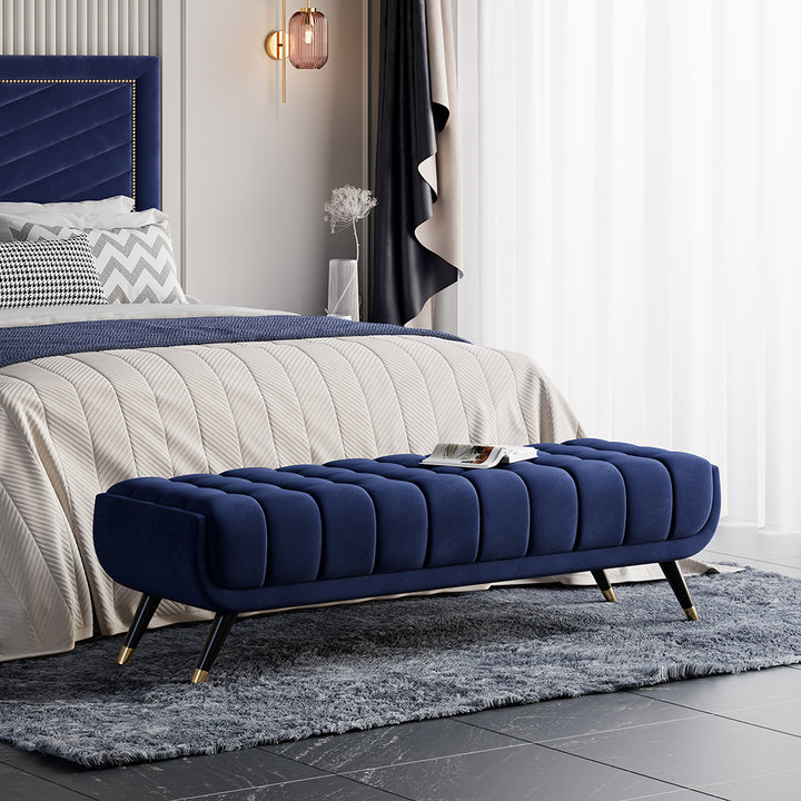 Enoak Modern Blue Bedroom Bench Velvet Upholstery Wooden Legs