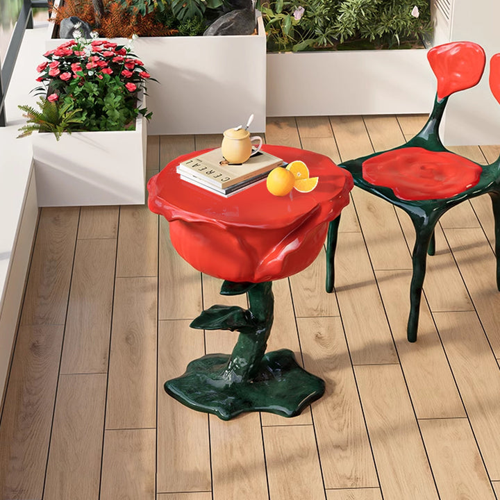 Modern Small End Table Red Resin Rose Sculpture Cute Pedestal Side Table with Tray