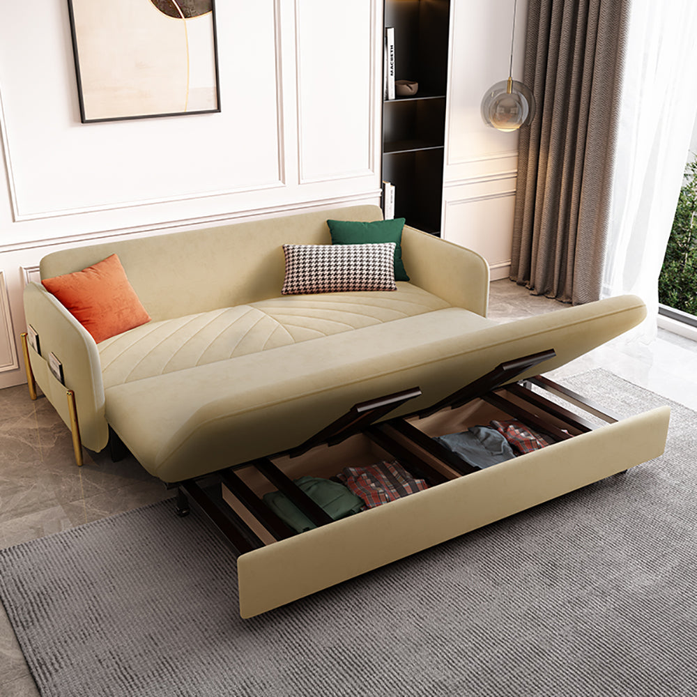 Beige Pull Out Daybed with Storage Upholstered Folding Sofa Bed