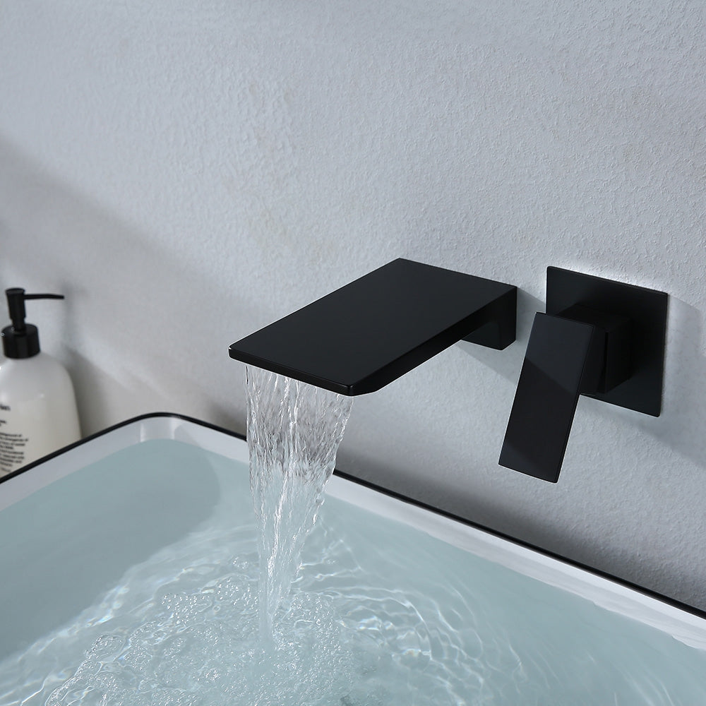 Waterfall Wall Mounted Matte Black Bathroom Mixer Tap Single Lever Handle