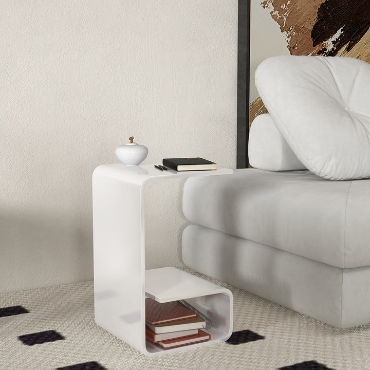 Modern White Acrylic End Table with Storage C-Shaped Side Table