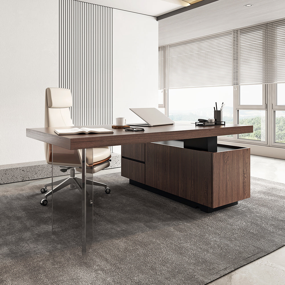 1815mm Modern Walnut L-Shape Executive Desk with Side Cabinet Height Adjustable Desktop Standing Desk with Clear Arcylic Leg