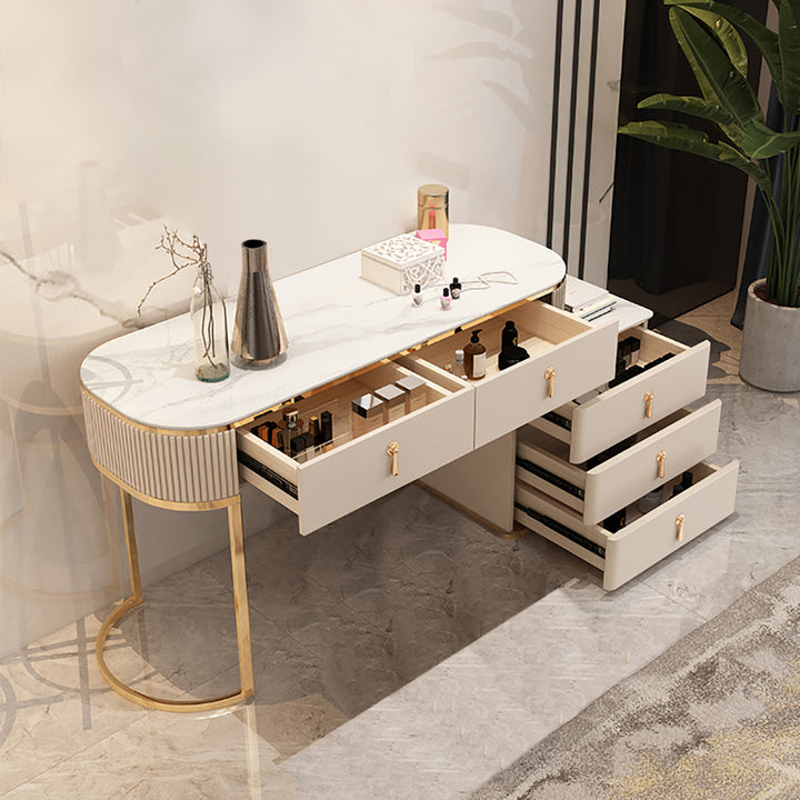 Nordic Makeup Vanity Extendable with 5-Drawer Dressing Table with Stone Top in Champagne