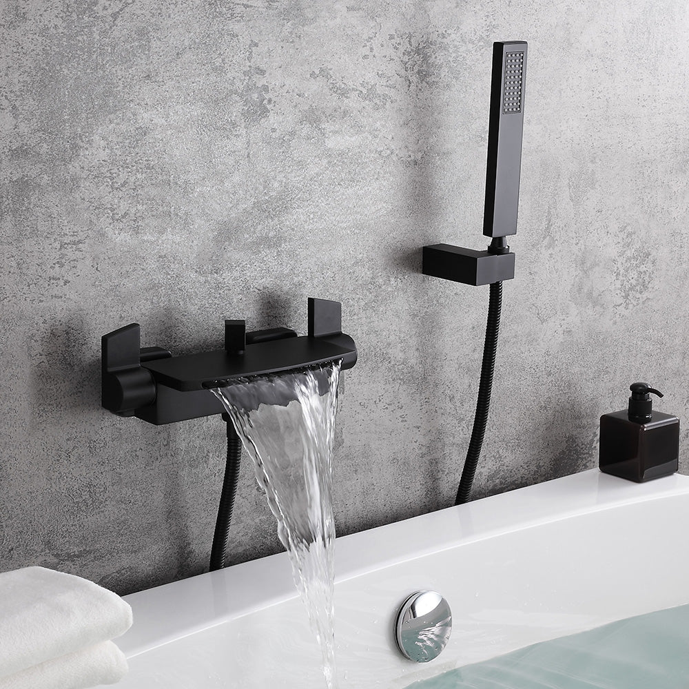 Wall Mount Waterfall 2-Handle Matte Black Bathtub Filler Faucet with Hand Shower