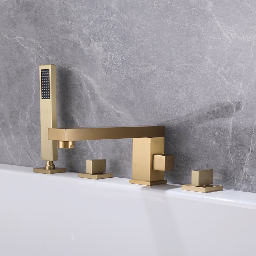 Deck Mounted Bath Filler Tap with Handshower Brushed Gold Swivel Spout