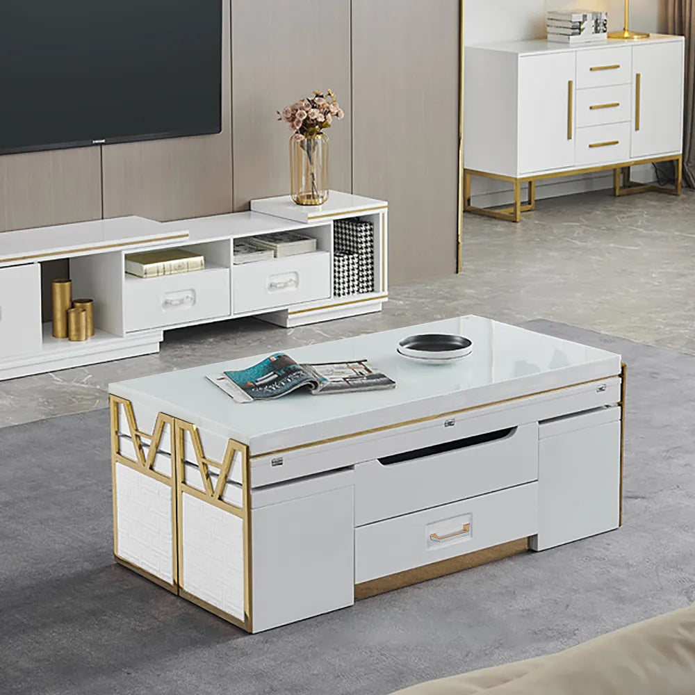 White Modern Lift Top Coffee Table Set with Storage & Stools Extendable Accent Table