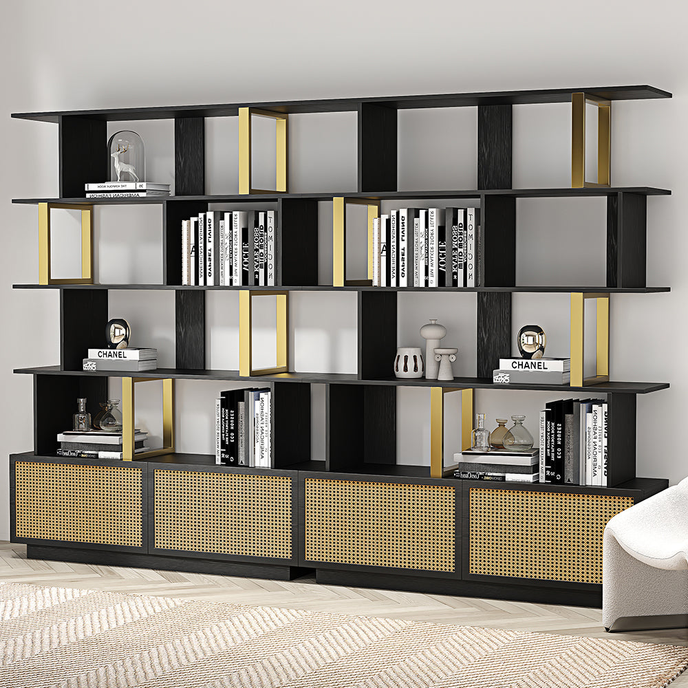 5-Tier Black Wood Bookshelf with 2 Doors Modern Bookcase in Gold Finish