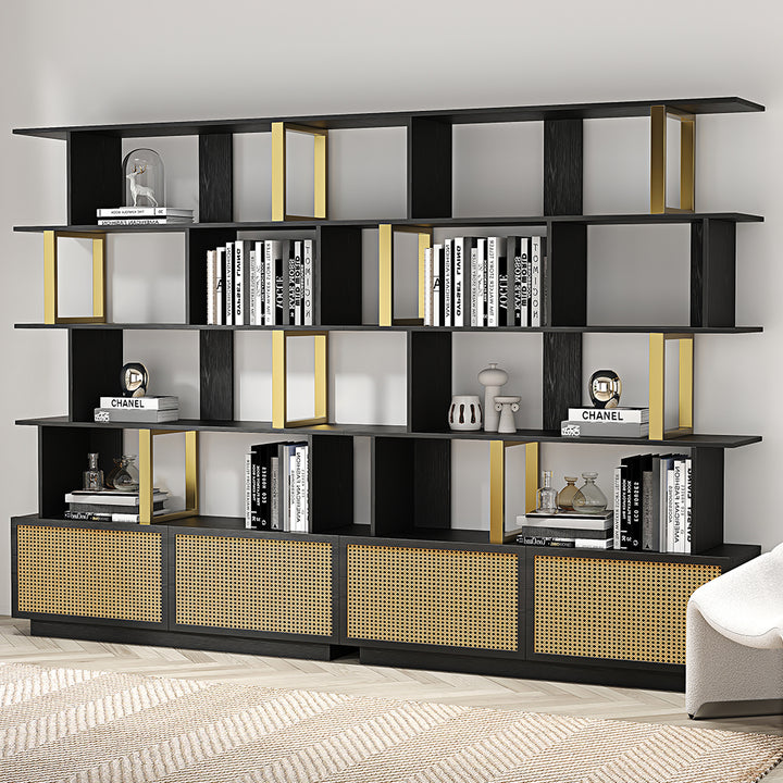 5-Tier Black Wood Bookshelf with 2 Doors Modern Bookcase in Gold Finish