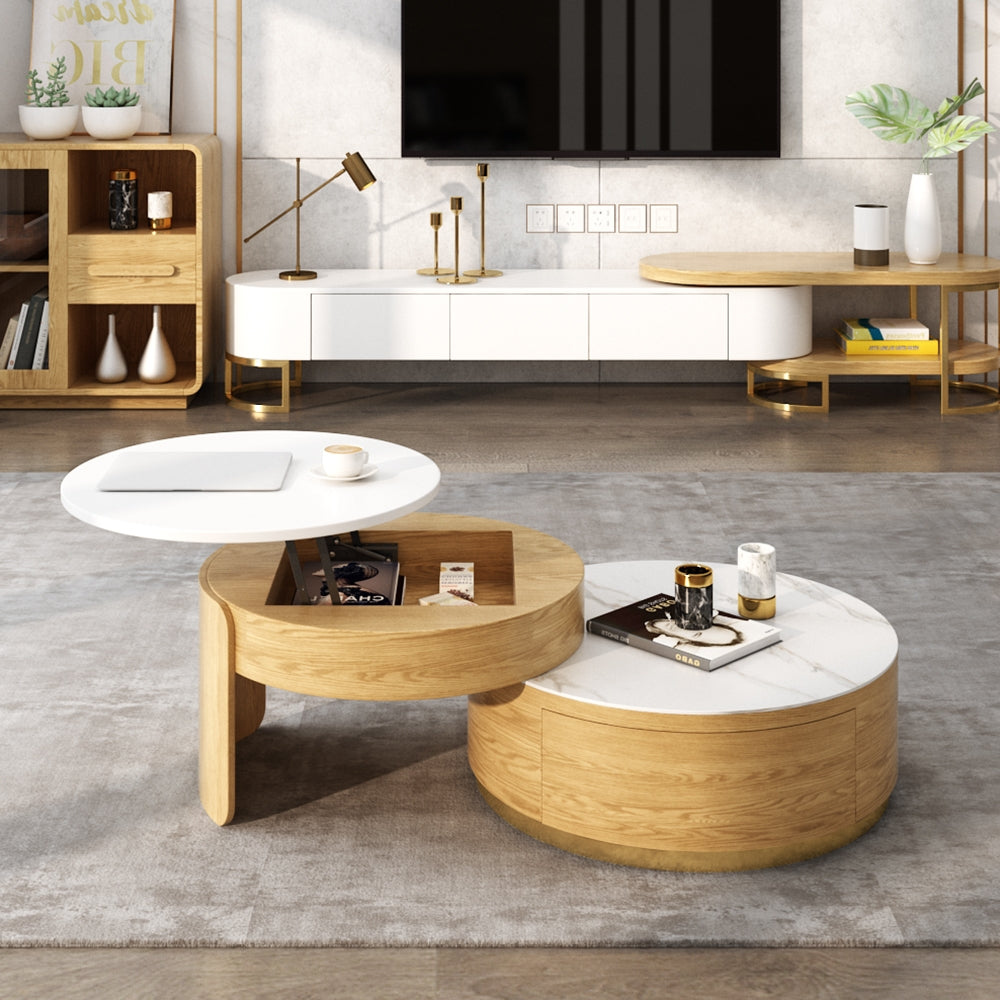 Modern Round Coffee Table with Storage Lift-Top Wood & Glass Coffee Table with 2 Drawers