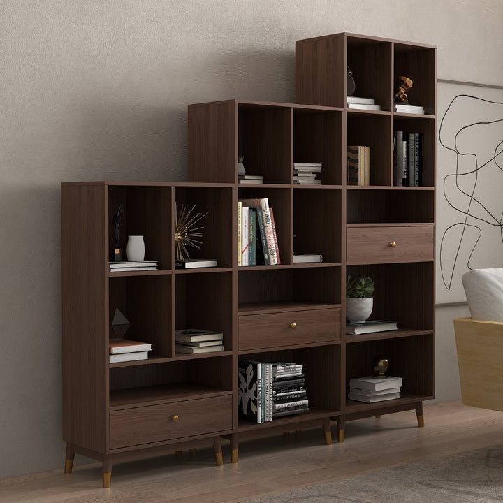 Ultic Modern Walnut Bookshelf Bookcase with Metal Frame and Drawer