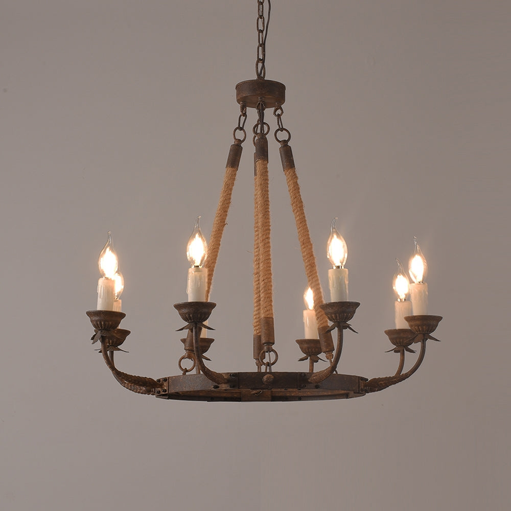 Candlely Rustic Iron Flaxen Hemp Rope & Metal 8-Light Round Candelabra Chandelier Rust