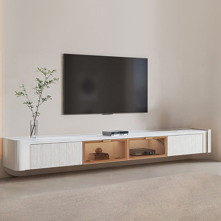 Wall Mounted Fluted TV Stand with 2 Drawers and Flip Glass Doors Stone Top Media Console