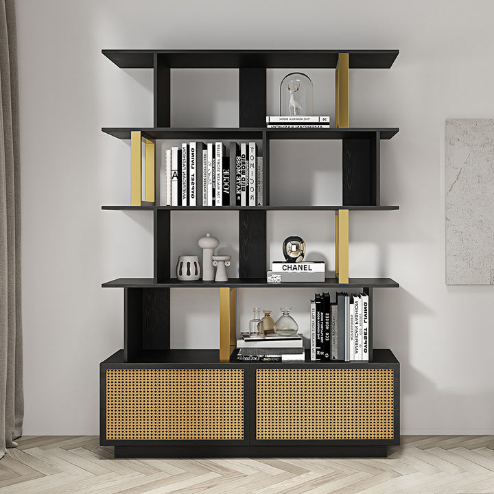 5-Tier Black Wood Bookshelf with 2 Doors Modern Bookcase in Gold Finish