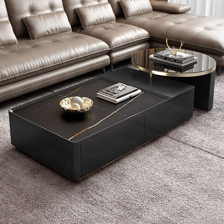 Modern Black Nesting Sintered Stone & Glass Coffee Table with 4 Storage Drawers Set of 2