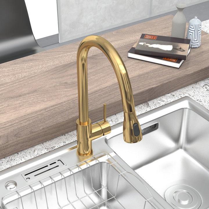 Pull Out Kitchen Tap Brushed Gold with Dual Function Sprayer