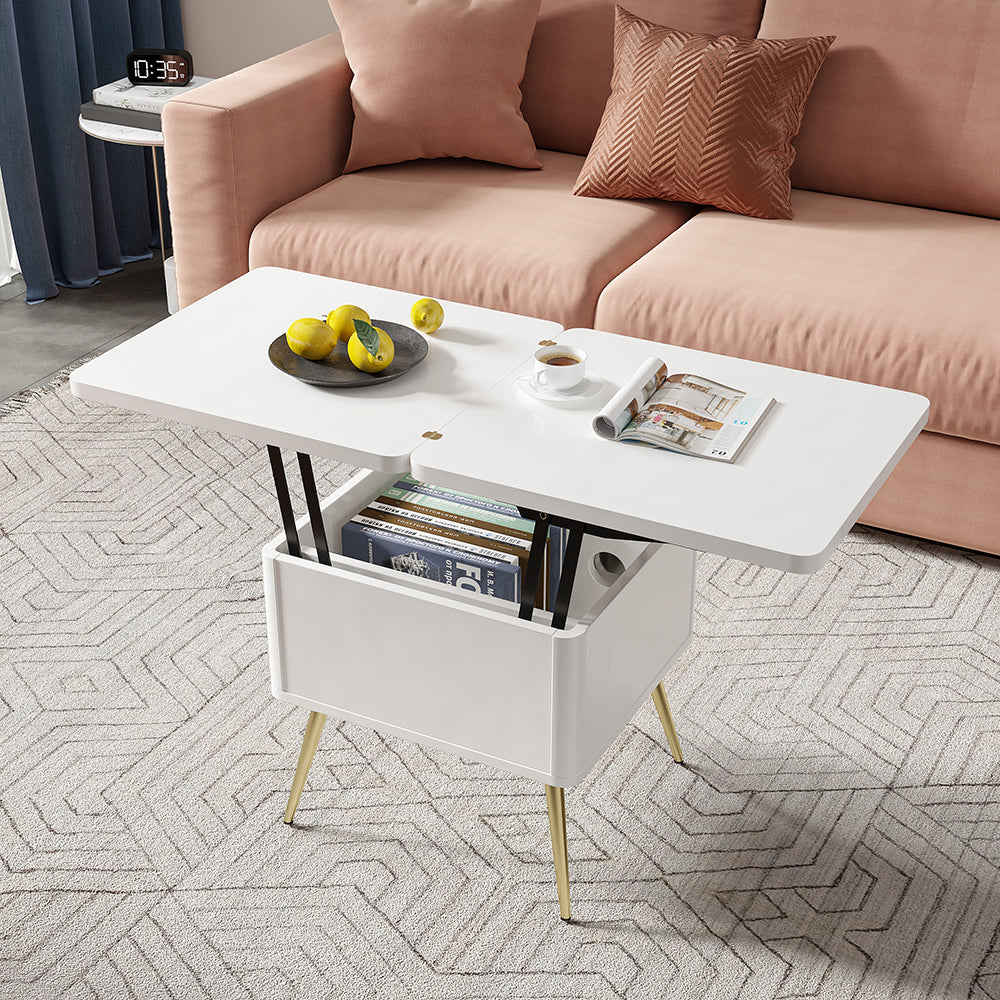 Modern Multi-functional Coffee Table Extendable with Storage & Lift Top in White