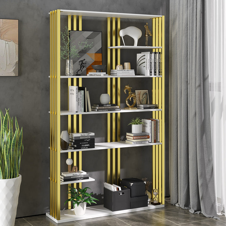 2000mm Modern Steel Etagere Bookshelf Display Shelving 6-Shelf Tall Book Shelf White & Gold