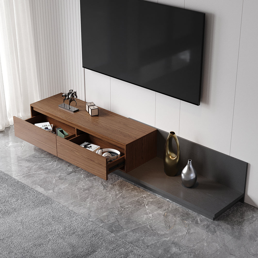 Homary Fero Minimalist Retracted & Extendable 2 Drawers TV Stand in Walnut & Gray Up to 75"