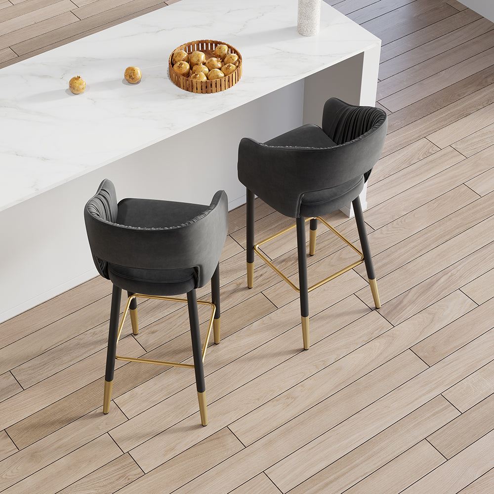 Modern Gray Velvet Upholstered Bar Stool with Low Back & Footrest