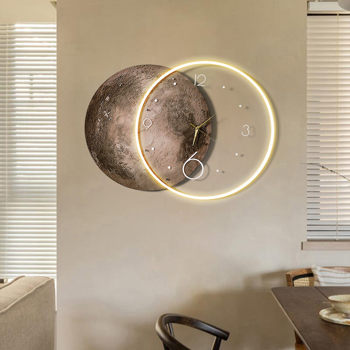 Round Modern Cool Brown Moon Large Wall Clock LED Light Wall Clock Wall Decoration