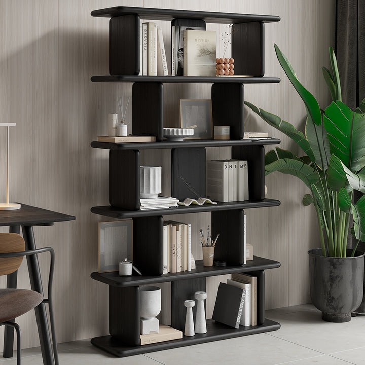 1700mm 5-Tier Black Wooden Bookshelf Japandi Etagere Geometric Bookcase Open Storage