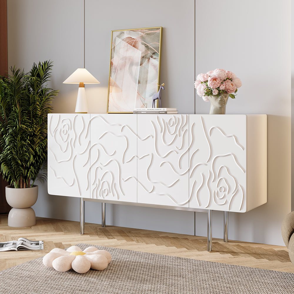 1500mm White Sideboard Buffet with Doors Modern Carved Credenza Adjustable Shelves