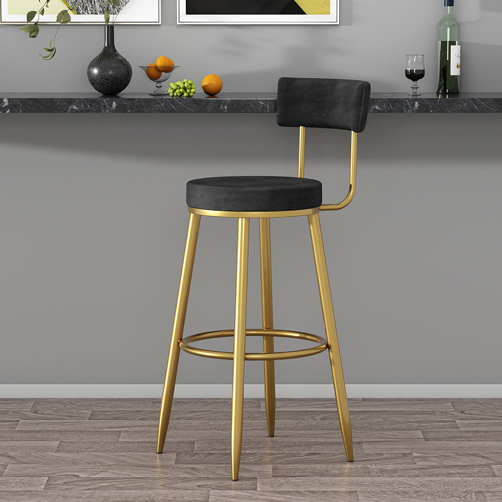 Round Black Bar Height Stool Velvet Upholstery with Back & Footrest for Kitchen Island