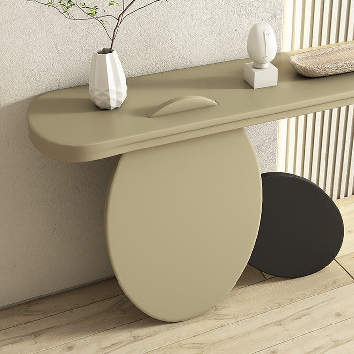 1000mm Modern Console Table Oval Wood Entryway Table with Abstract Circle Base Light Khaki & Black