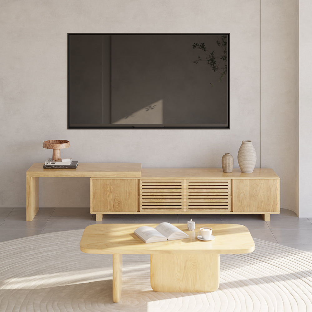 Japandi Natural Retracted & Extendable TV Stand with 4 Shelves Up to 85"